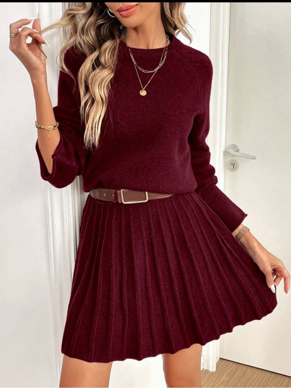 Emery Rose Burgundy Knit Sweater skirt set top 2pc large viral - Picture 1 of 4